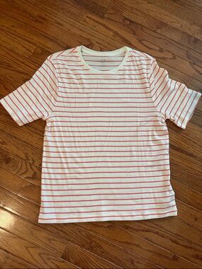 GAP Classic Striped Tee - White with Coral Stripes